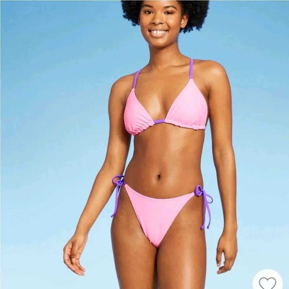 Wild Fable Reversible Floral Bikini Set XS Purple Pink Triangle Top Tie Bottoms